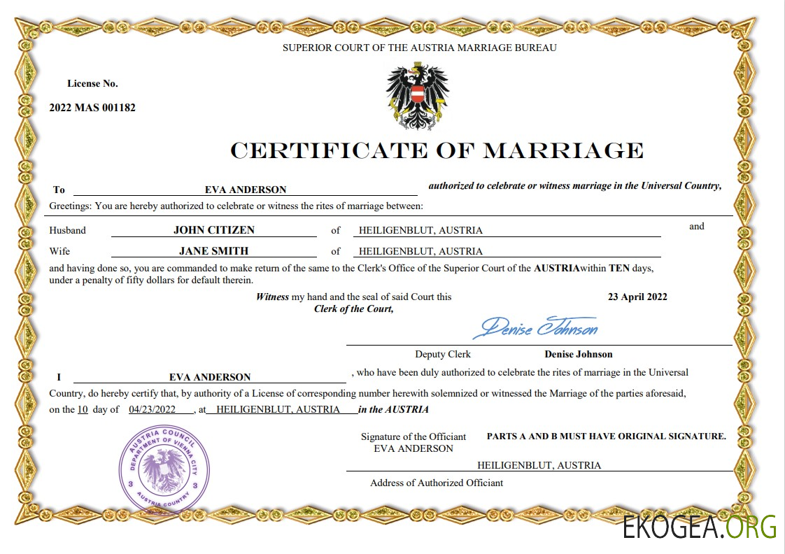 Modèle Word et PDF d'acte de mariage en Autriche,